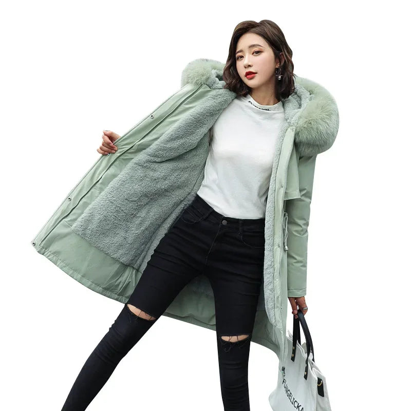 Winter Parka 2024 New Women Jacket Clothes Long Coat Wool Liner Hooded Jacket Fur Collar Thick Warm Snow Wear Fashion Parka