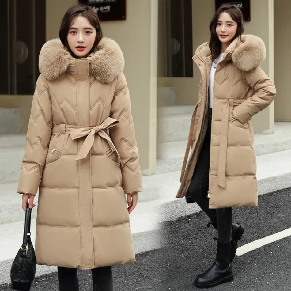 Big Fur Collar Thick Slim Coat Fashion Hooded Cotton Outerwear Long Winter Woman Coat Women's Down Parkas Winter Jacket