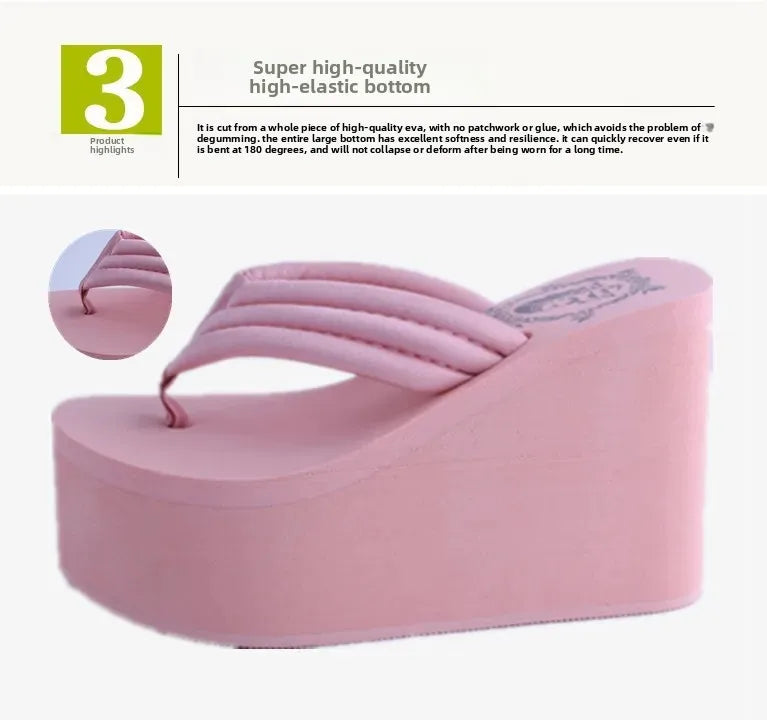Bohemian Women's Thong Slippers 11cm Thick Heel Anti-Slip Summer Beach Sandals Fashionable Korean Style Flat Footwear