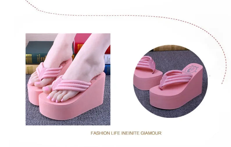 Bohemian Women's Thong Slippers 11cm Thick Heel Anti-Slip Summer Beach Sandals Fashionable Korean Style Flat Footwear