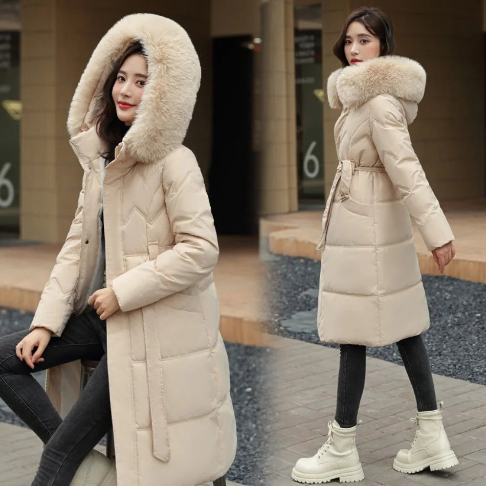 Big Fur Collar Thick Slim Coat Fashion Hooded Cotton Outerwear Long Winter Woman Coat Women's Down Parkas Winter Jacket
