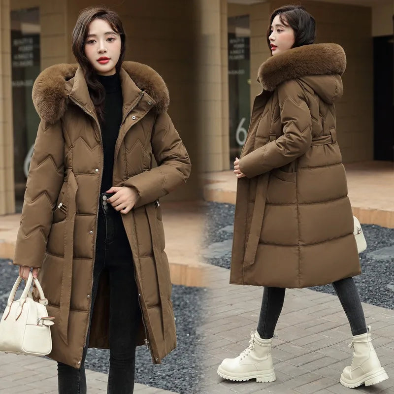 Big Fur Collar Thick Slim Coat Fashion Hooded Cotton Outerwear Long Winter Woman Coat Women's Down Parkas Winter Jacket