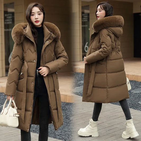 Big Fur Collar Thick Slim Coat Fashion Hooded Cotton Outerwear Long Winter Woman Coat Women's Down Parkas Winter Jacket