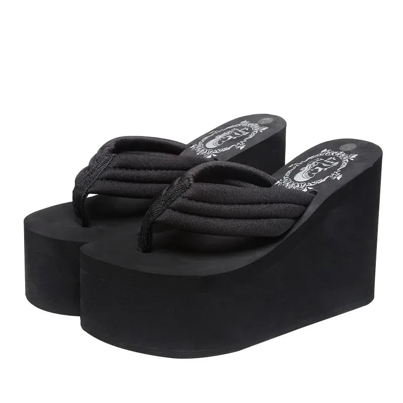 Bohemian Women's Thong Slippers 11cm Thick Heel Anti-Slip Summer Beach Sandals Fashionable Korean Style Flat Footwear