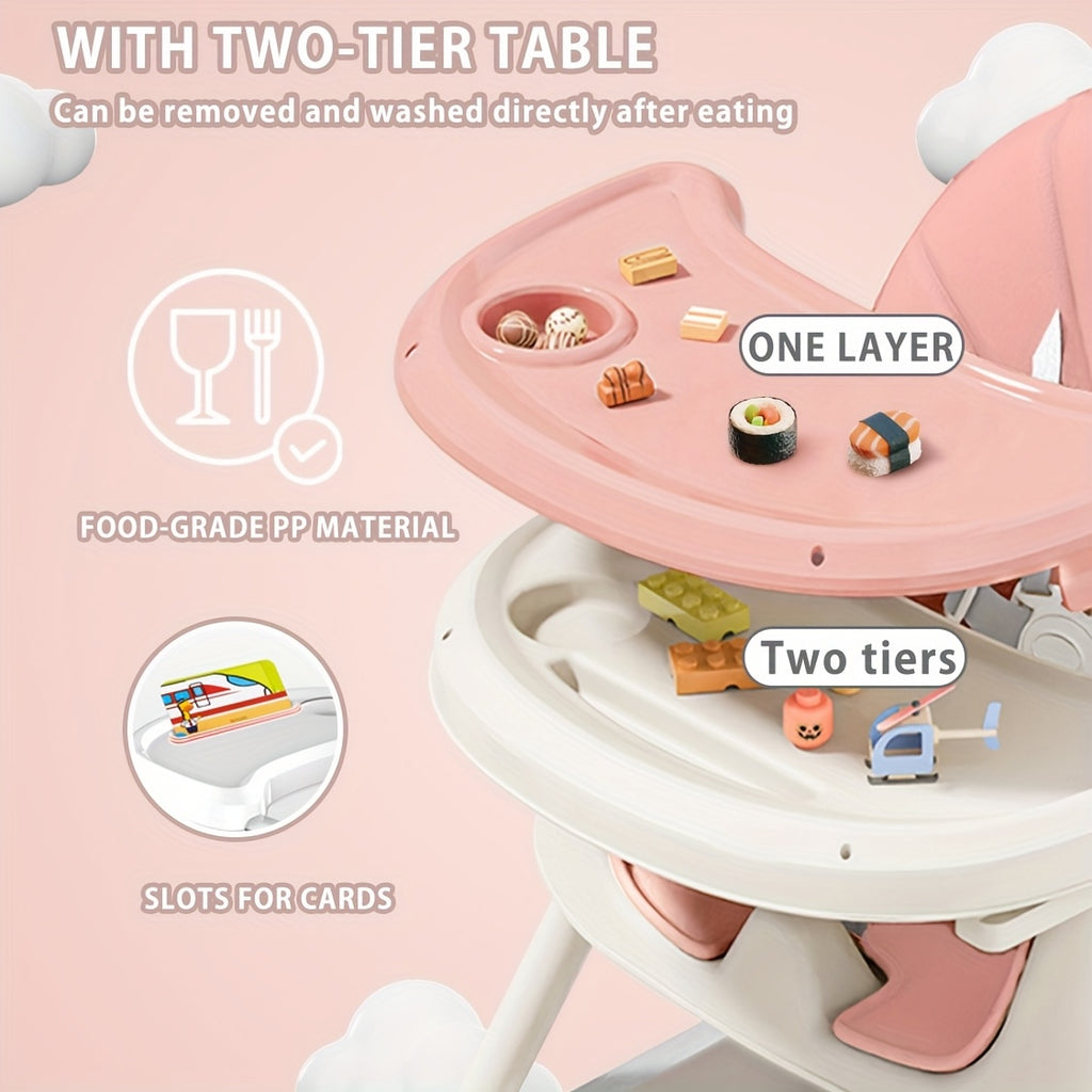 Adjustable Portable Dining Chair with 5-Point Harness, Tray Table & Wheels - Heavy-Duty Multi-Functional Eat, Play & Activity Seat with Storage Pocket, Safety Belt & Easy-Clean Surface - Ideal Christmas/Halloween Gift (Grey/P