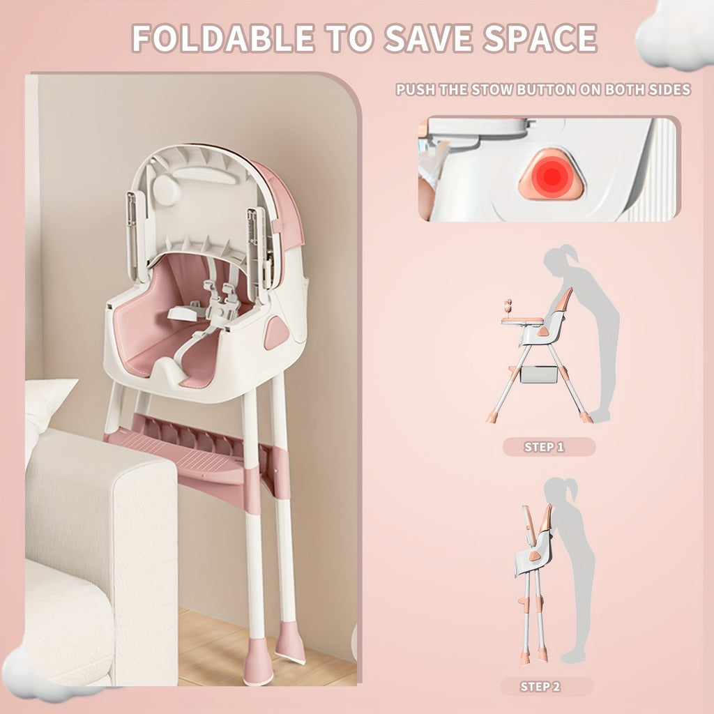 Adjustable Portable Dining Chair with 5-Point Harness, Tray Table & Wheels - Heavy-Duty Multi-Functional Eat, Play & Activity Seat with Storage Pocket, Safety Belt & Easy-Clean Surface - Ideal Christmas/Halloween Gift (Grey/P