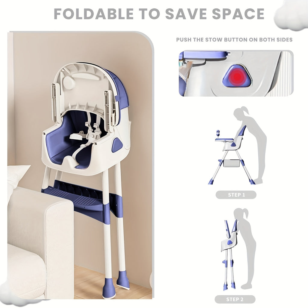 Adjustable Portable Dining Chair with 5-Point Harness, Tray Table & Wheels - Heavy-Duty Multi-Functional Eat, Play & Activity Seat with Storage Pocket, Safety Belt & Easy-Clean Surface - Ideal Christmas/Halloween Gift (Grey/P