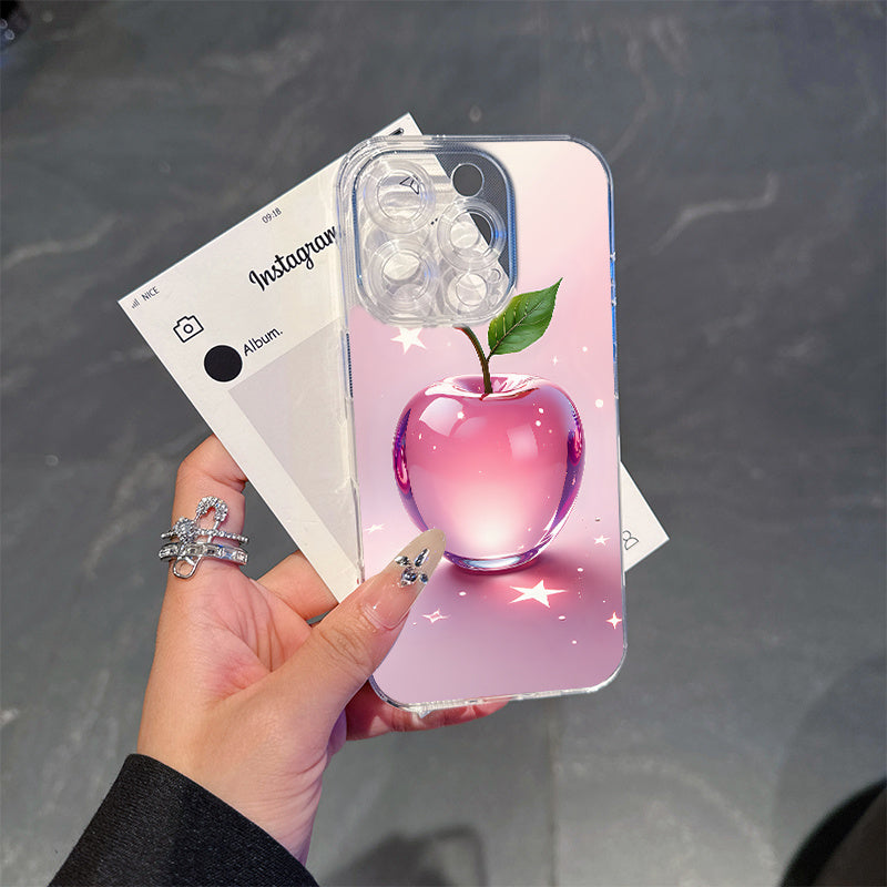 Lightweight Shockproof Anti-Yellowing Apple Themed Transparent Magnetic Phone Case for iPhone 16 Pro Max 16e 15 Plus 14 13 12 11 XS Max XR X Crystal Clear Cover with Pink Apple Design Durable Protective Shell