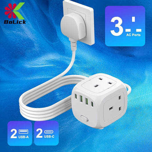 1pc Multifunctional Power Strip, Cube Shape, British Plug, 3 Power Sockets with 2 USB-A & 2 Type-C, Surge Protection, 2m/6ft Power Cord, 220V-240V, for Home, Office, Kitchen